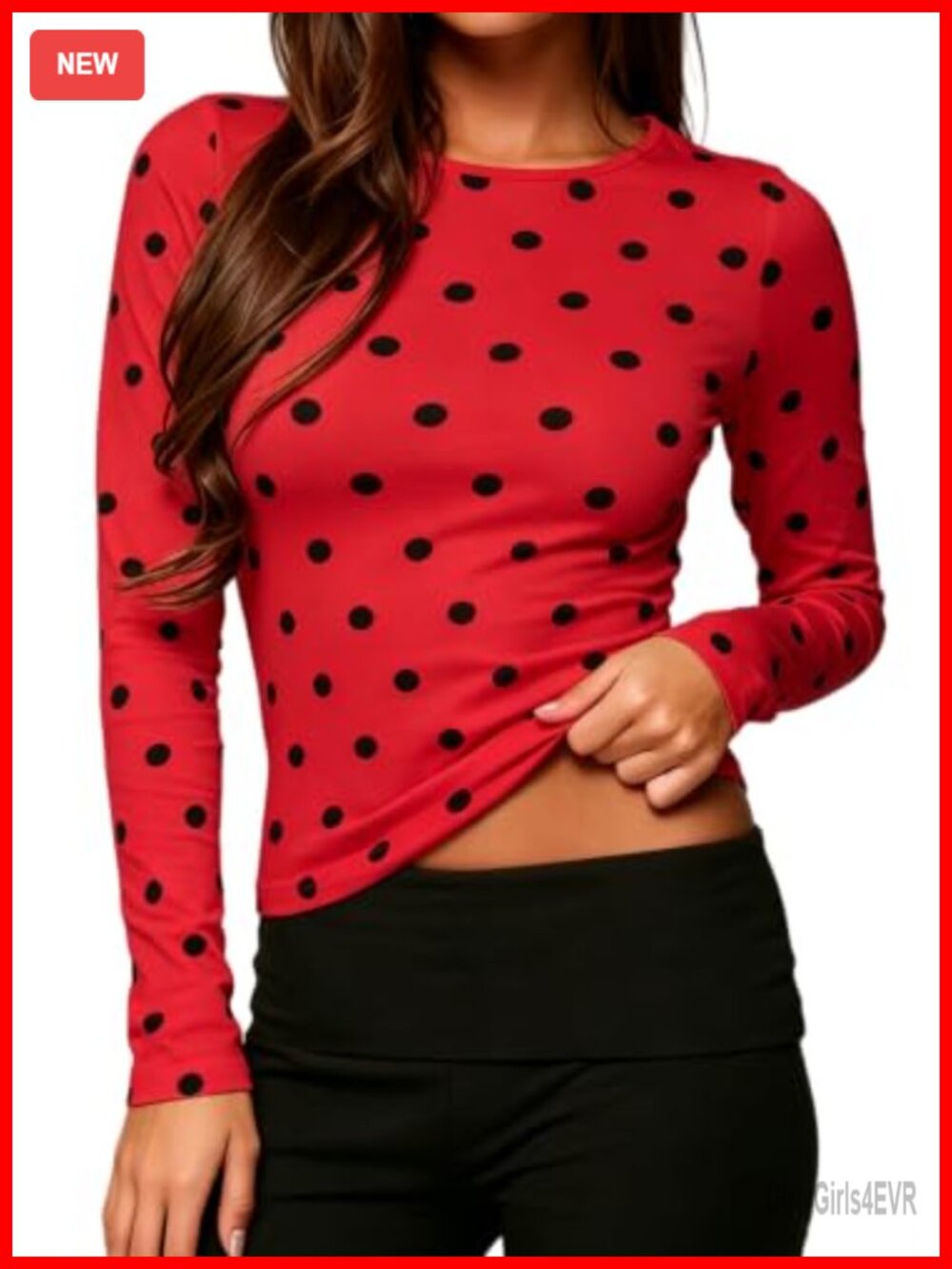 Women's Polka Dot Crop Top Long Sleeve Crew Neck Fitted Y2K Retro Style